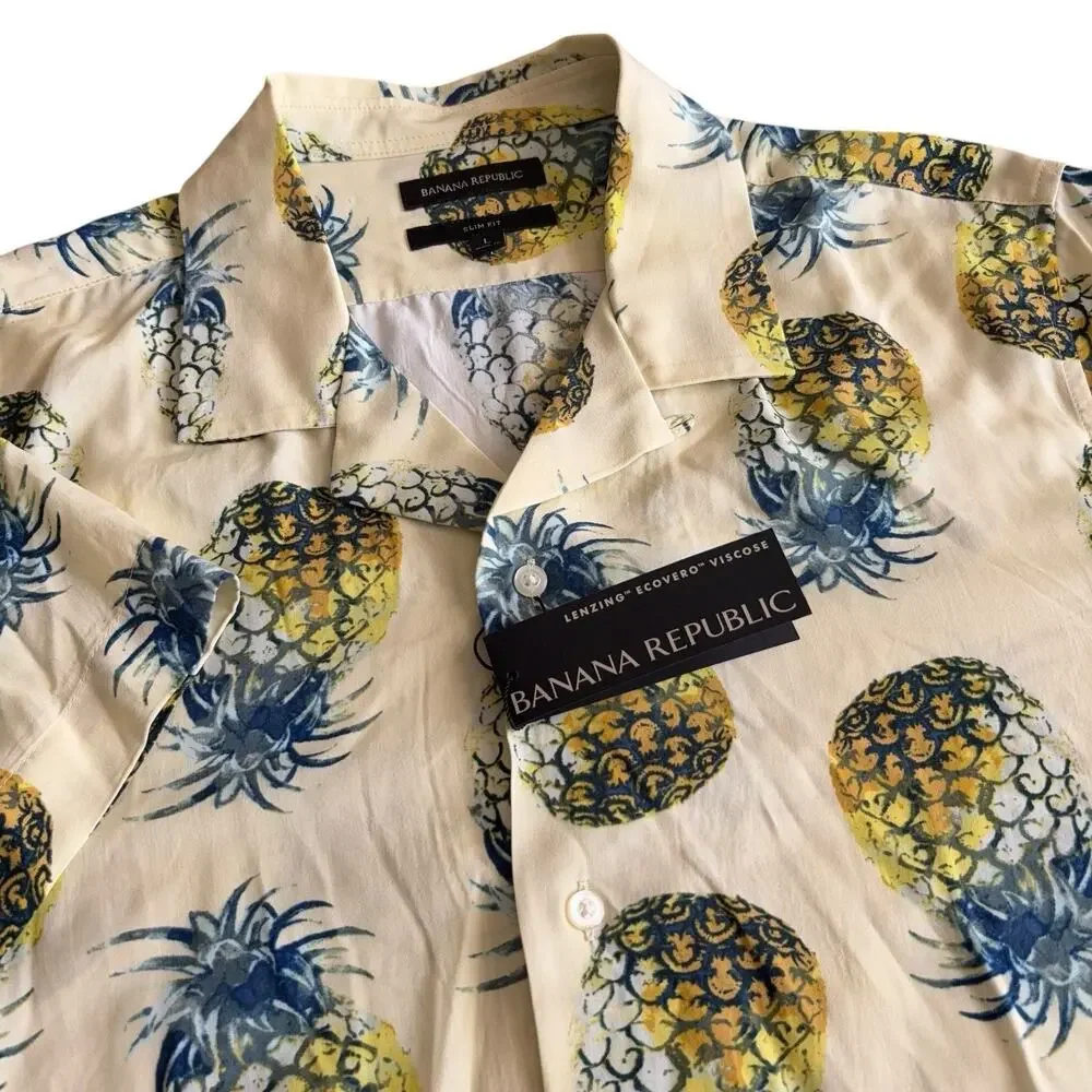 New Banana Republic Hawaiian Shirt Mens Size Large Yellow Pineapples Slim Fit